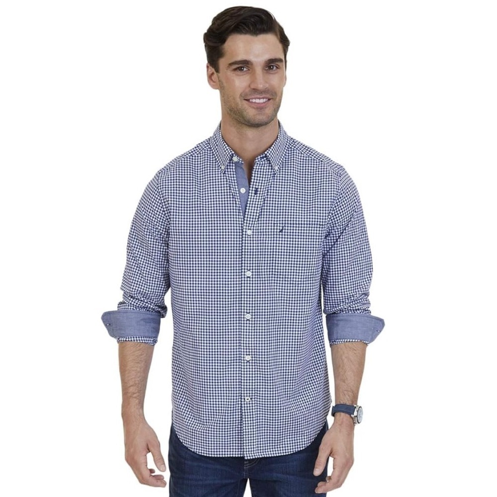 Nautica Shirt Men Blue White 100% Cotton L